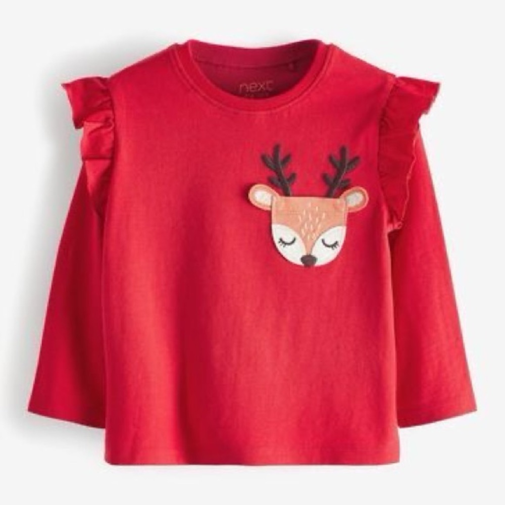 Next UK Girls Holiday Deer Pocket Long Sleeve Cotton T-Shirt